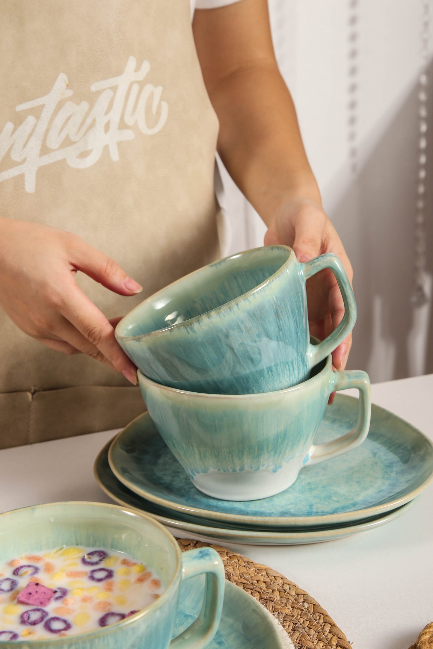 8-Piece Large Cup & Saucer Set-Aqua Blue
