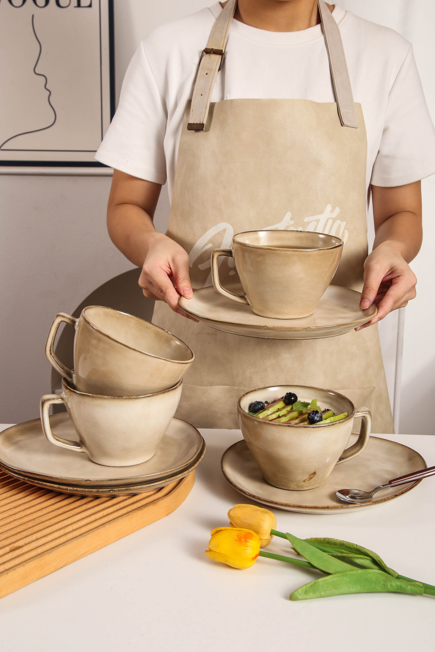 8-Piece Large Cup & Saucer Set-Crema