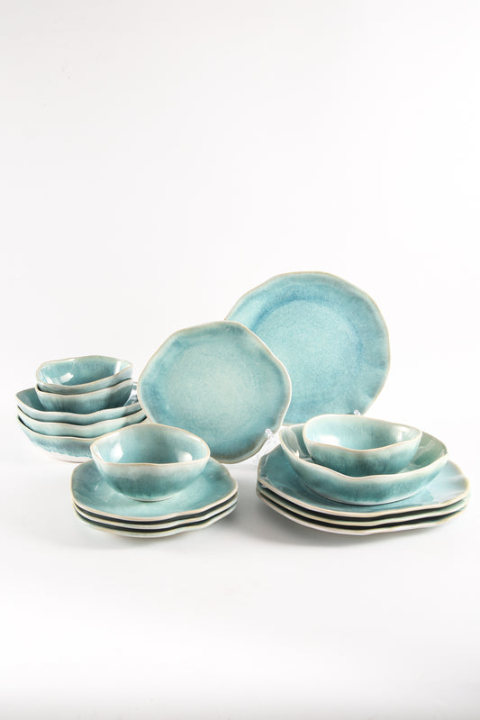 16-Piece Handcrafted Stoneware Set-Aqua Blue