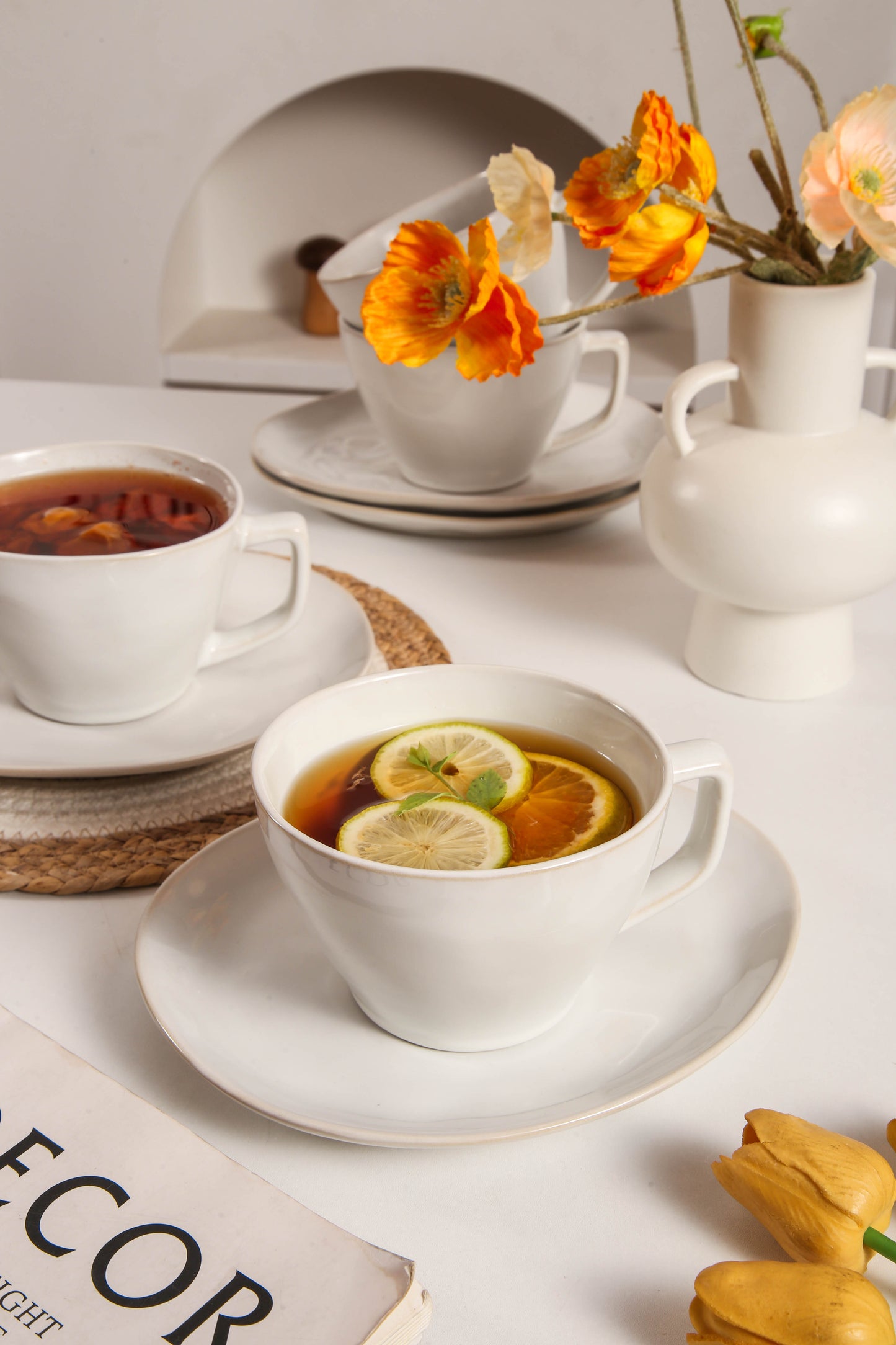 8-Piece Large Cup & Saucer Set-Pearl White