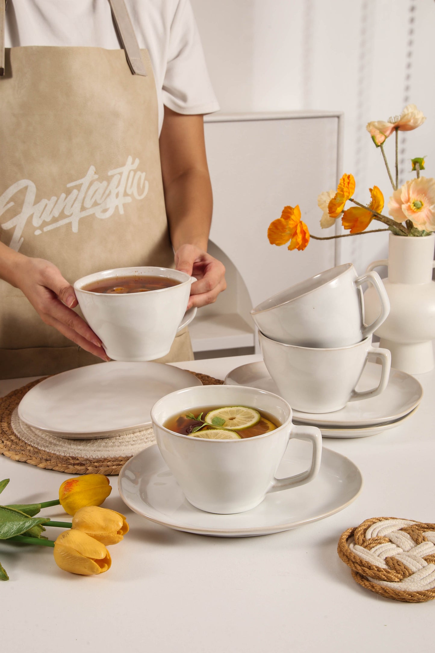 8-Piece Large Cup & Saucer Set-Pearl White