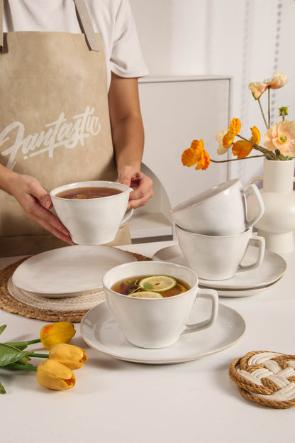 8-Piece Large Cup & Saucer Set-Pearl White