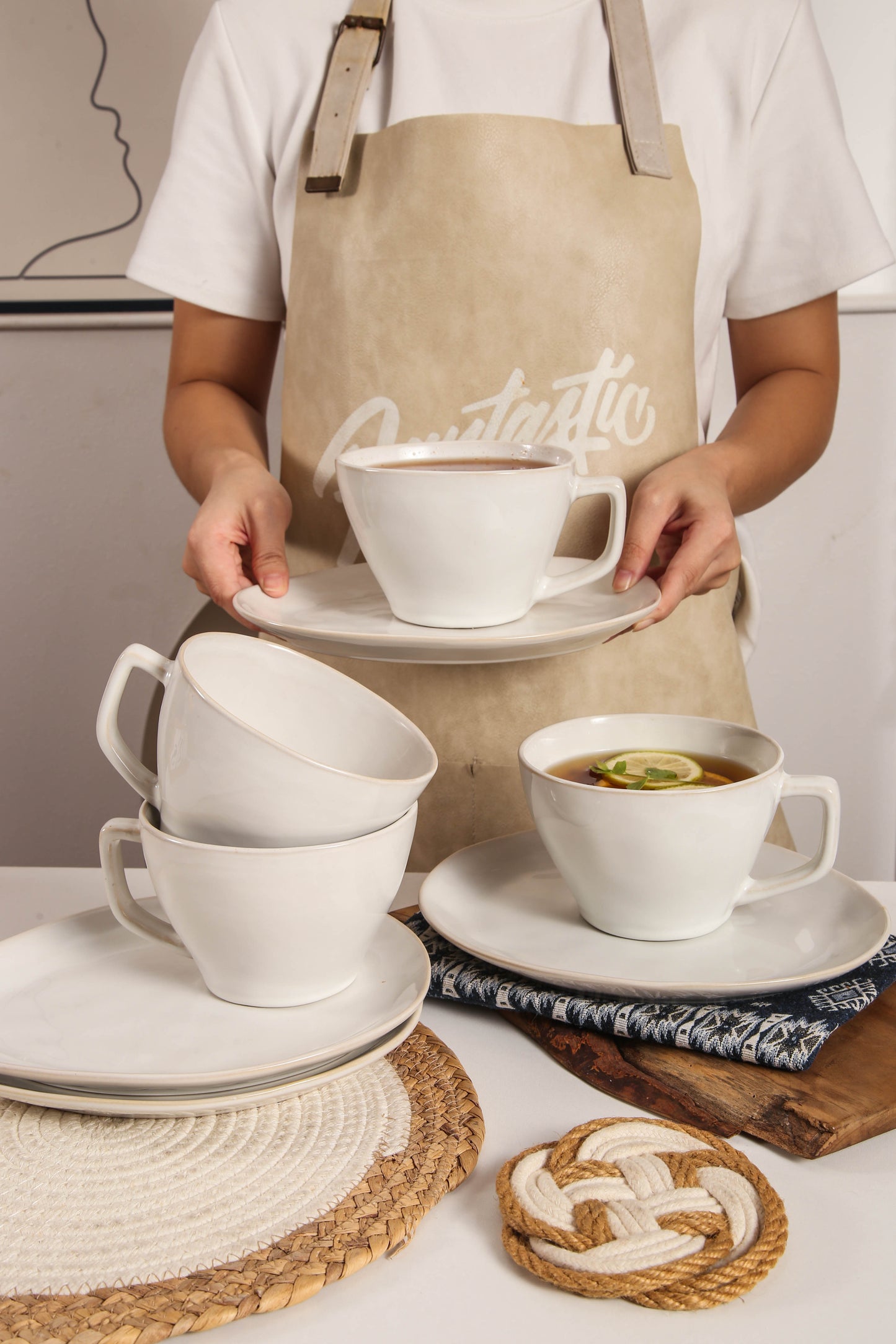 8-Piece Large Cup & Saucer Set-Pearl White