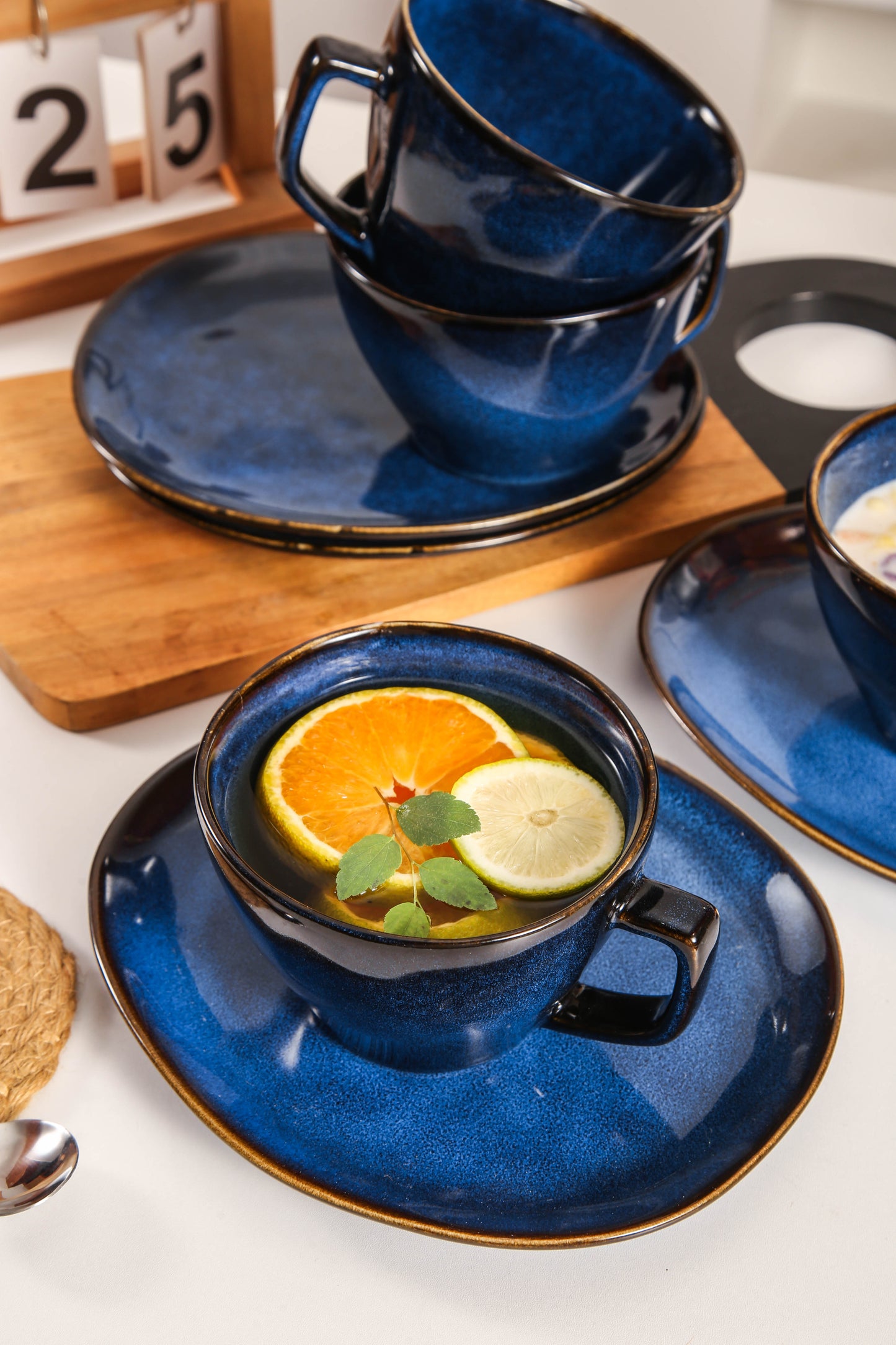 8-Piece Large Cup & Saucer Set-Ocean Blue